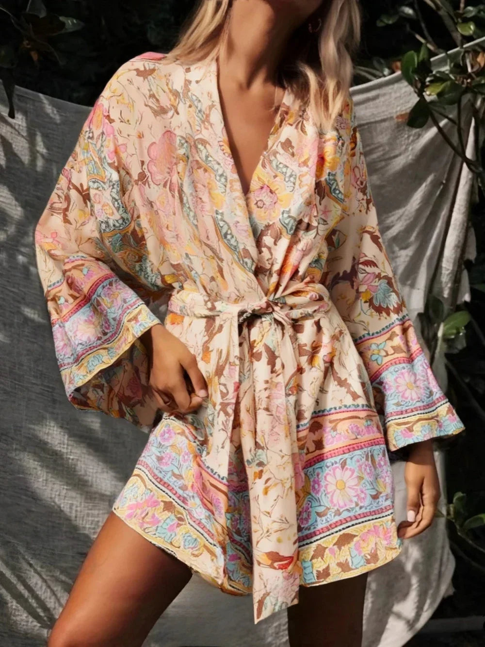 Boho Queens Vintage Peacock Floral Print Sashes Beach Kimono Women Bohemian Wrap Batwing Sleeves Holiday Bikini Cover-ups