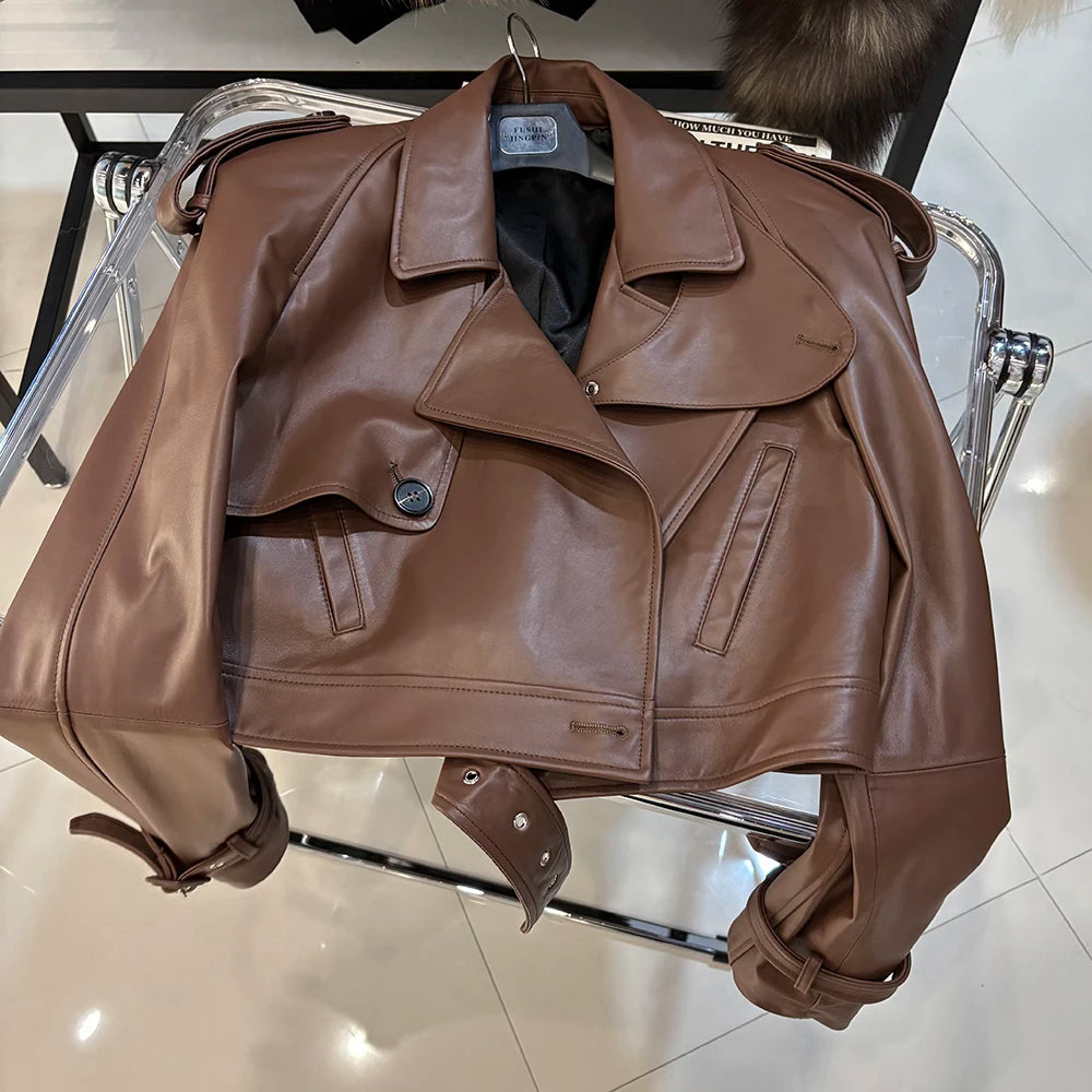 YOLOAgain Wide Shoulder Real Leather Jacket Women Oversized Genuine Leather Cropped Jacket