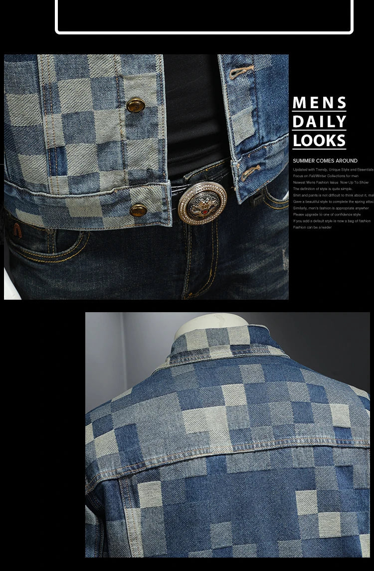 2025 Autumn Vintage Checkered Denim Jacket for Men Flip Collar Single Breasted Casual Business Jacket Social Street Wear Jeans
