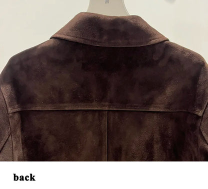 European Imported Kid Suede Leather Jacket for Woman High Grade Turn Down Collar Pocket Short Cropped Coat Long Sleeve Top Mujer