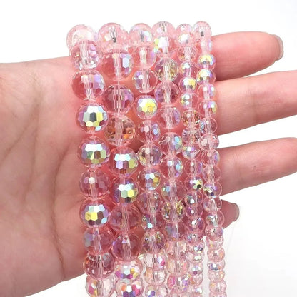 6/8/10mm Sizes Faceted Glass Beads Pink Blue Plating Clear Crystal Earth Beads 96-faceted Faceted Cut Style Jewelry Making Beads