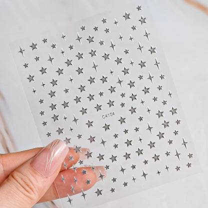 3D Bronzing Laser Silver Irregular Star Nail Decals Metallic Effect Silver Pentagram Nail Decals Adhesive Nail Art Star Stickers