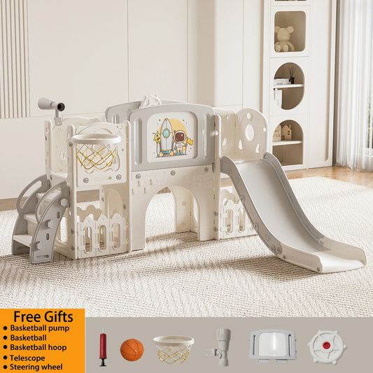 Multifunctional Kids Slide with Basketball Hoop and Drawing Board, Indoor Playground Set for Toddlers, Climbing Ladder, Creative Activity Center, Freely Assemble Design, Safe Play Equipment for Children Boys Girls