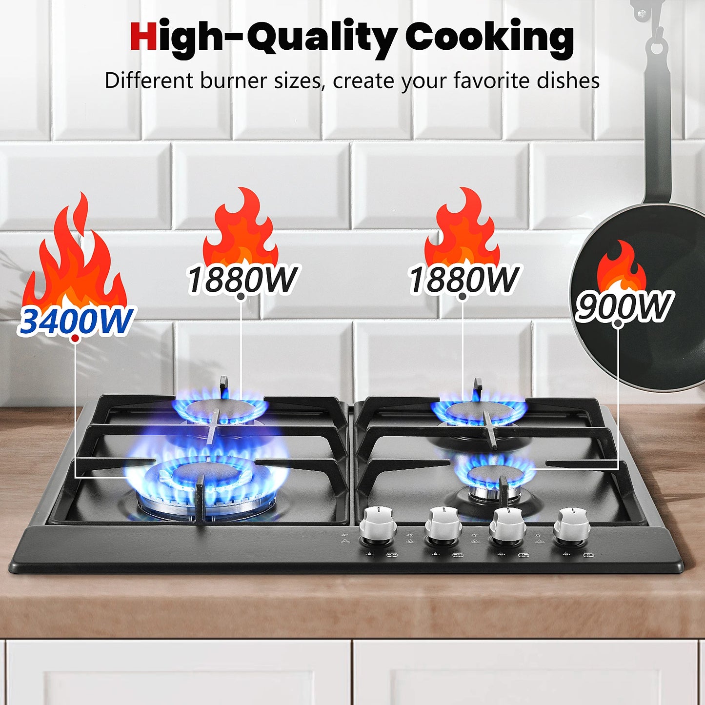 4 Burners Black Enamelled Plate 58 cm Automatic Flame Protection, Natural Gas and Propane Gas, Built-in Gas Hob