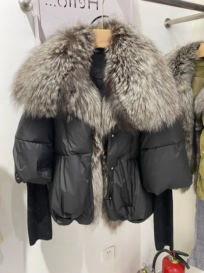 2024 Winter Women Warm Coat Oversized Real Fox Fur Collar Thick Luxury Outerwear New Fashion 90% Goose Down Jacket
