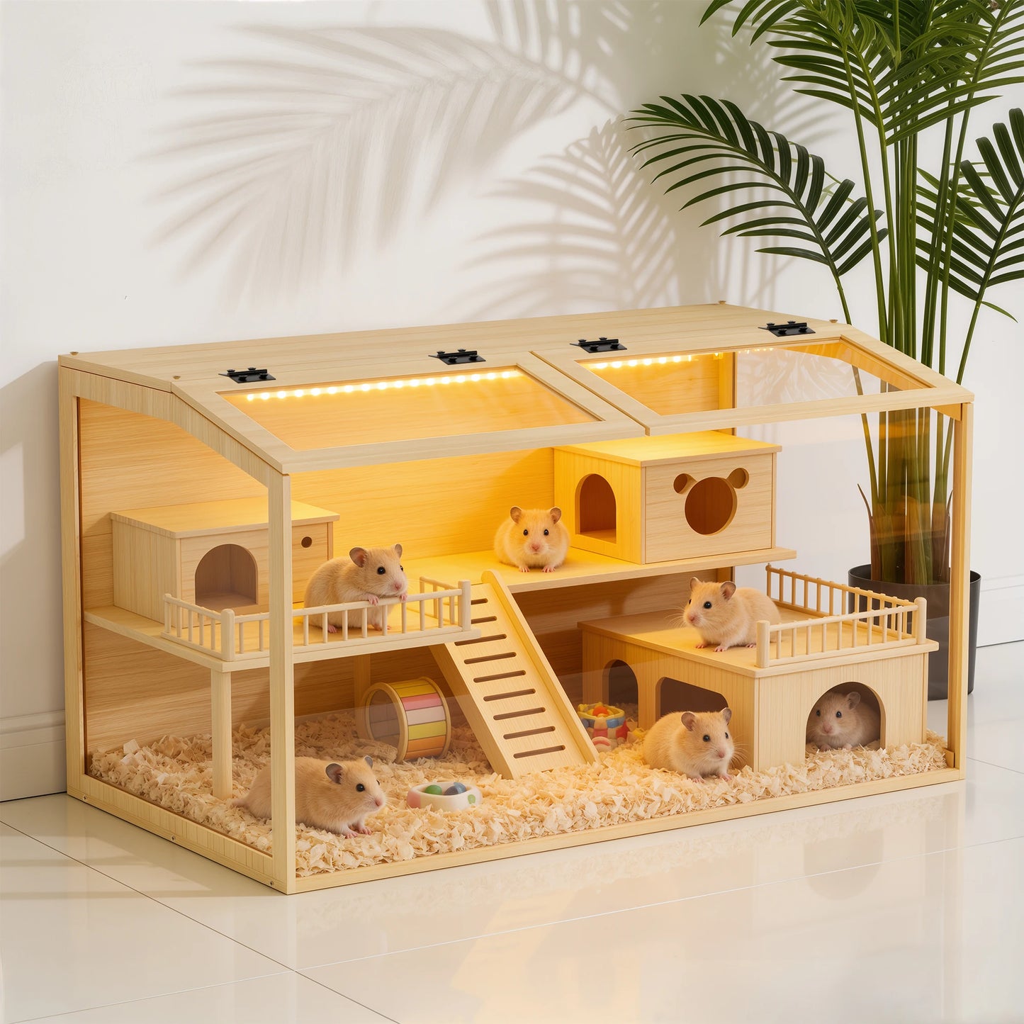 Large Wooden Hamster Cage Clear Tempered Glass Pet Small Animal Habitat Cage Playful Hutch House