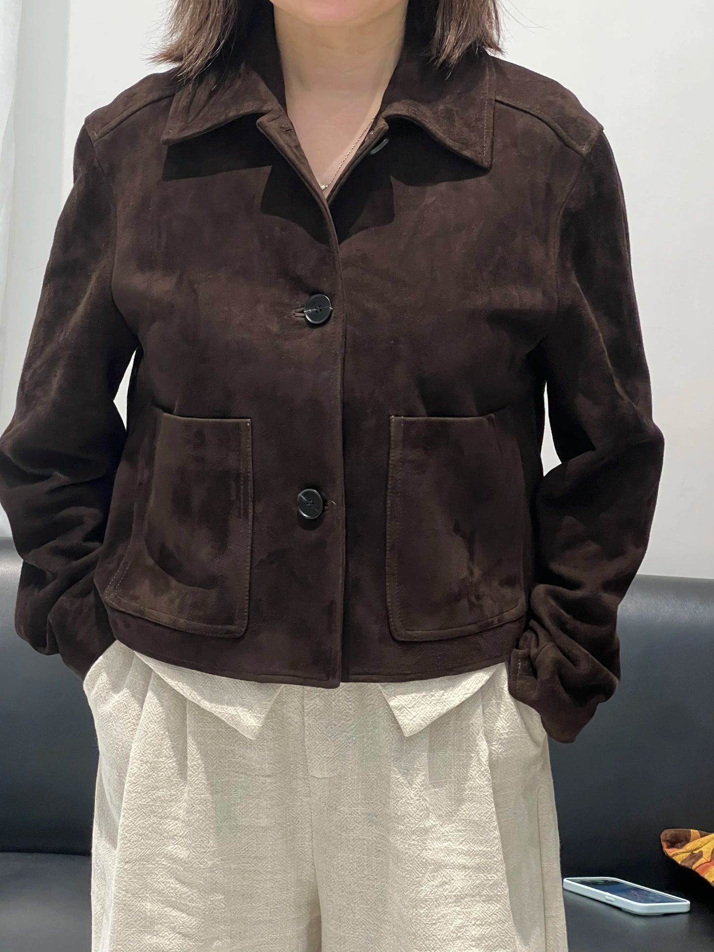 European Imported Kid Suede Leather Jacket for Woman High Grade Turn Down Collar Pocket Short Cropped Coat Long Sleeve Top Mujer
