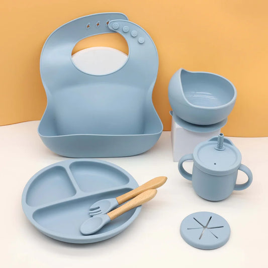 7pcs baby silicone tableware set, bib, dining plate, bowl with suction cup, 2-in-1 water cup, snack cup, wooden spoon and fork