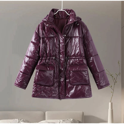 Vintage Zipper Cotton Coat Women Hooded Full Sleeve Pockets Drawstring Overcoats 2025 Winter New Lady Fashion Warm Streetwear