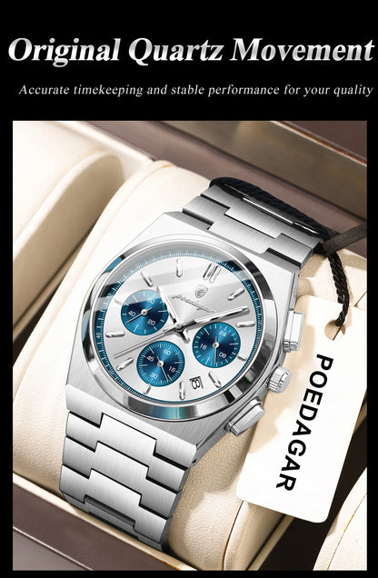 POEDAGAR Luxury Man Watch Chronograph Date Stainless Steel Sport Men Wristwatch Waterproof Luminous Fashion Quartz Men's Watches