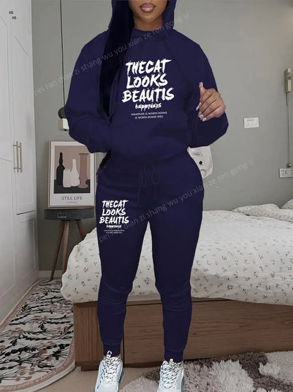 Womens TrackSuit Aesthetic Sweatshirts Sweatpants Two-piece Suit 2025 New Fleece Letter Printing Streetwear Women Hoodie Sets