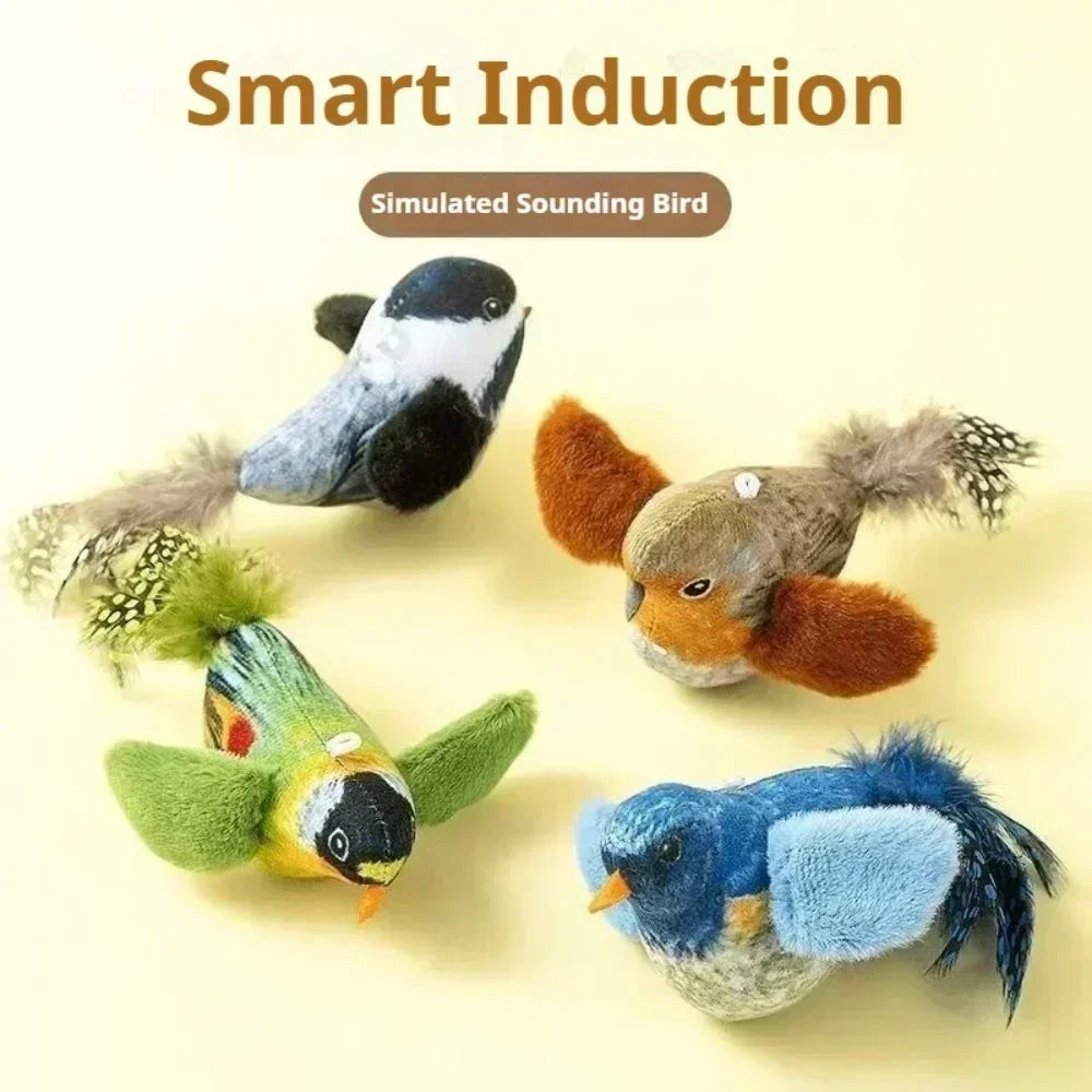 Bird Sound Cat Toy Brown Green Blue Color Options and Combination Set Plush Feather Hanging Teaser for Indoor Cats Chasing Play