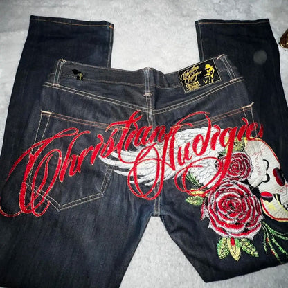 Harajuku Angel wings Embroidery Jeans Casual Denim Pants High Waist Straight Wide Leg Jeans Vintage Y2k 2000s Women Clothing