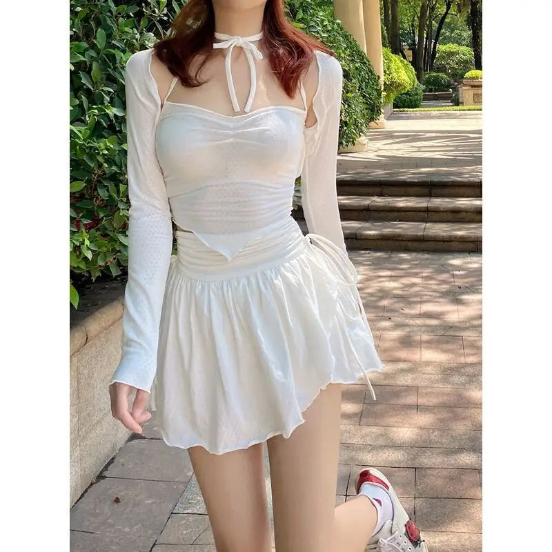 Y2k White Mini Skirt Women Drawstring Folds High Waist Irregular Ruffle Patchwork Skirts for Women Japan Style Sexy Cute Skirt