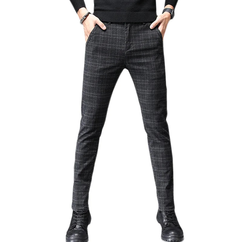 2026 Black Pants Men Plaid Trousers, Spring / Autumn New Fashion Slim Pants Men Gray Stripe Slacks 28-38 Pantalones Hombre