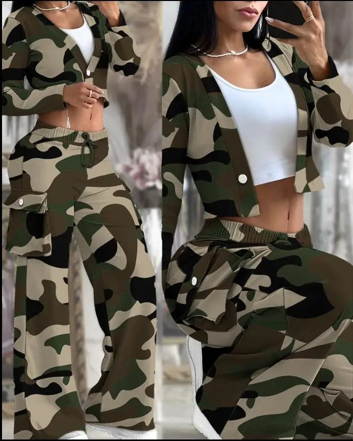 Autumn Fashionable And Elegant Solid Color Women's Suit Long-sleeved V-neck Short Coat Pocket Wide-leg Drawstring Trousers Suit