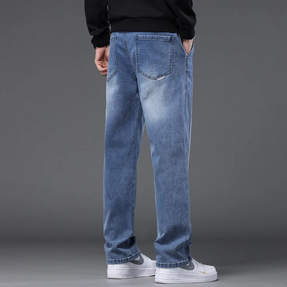 Autumn Winter Blue Jeans Men Drawstring Elastic Waist Cotton Cargo Denim Pants Work Fashion Thick Trousers Male Plus Size M-4XL