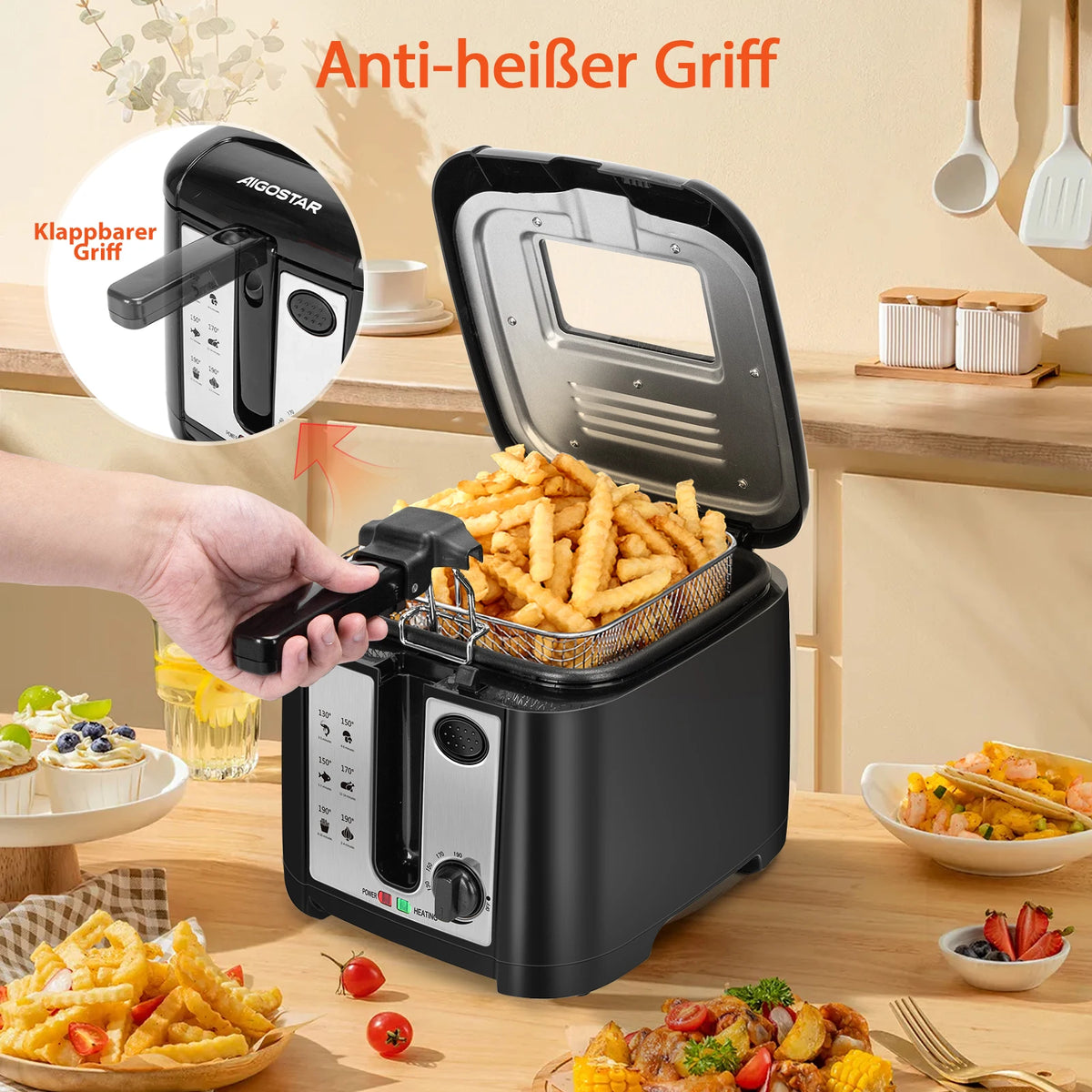 Aigostar Deep fryer with 2.5 l capacity, 1650 W, BPA-free deep fryer with viewing window, temperature control and display, black