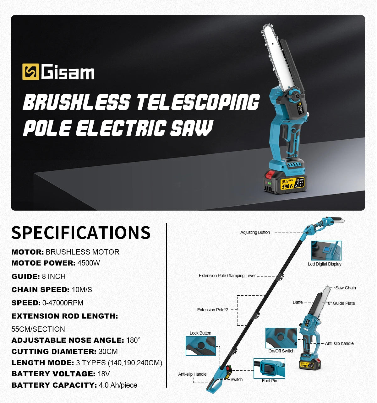 Gisam 2in1 Brushless Telescoping Pole Electric Chainsaw Cordless Garden Pruning Tool High Branch Saw for Makita 18V Battery Pin