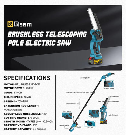 Gisam 2in1 Brushless Telescoping Pole Electric Chainsaw Cordless Garden Pruning Tool High Branch Saw for Makita 18V Battery Pin