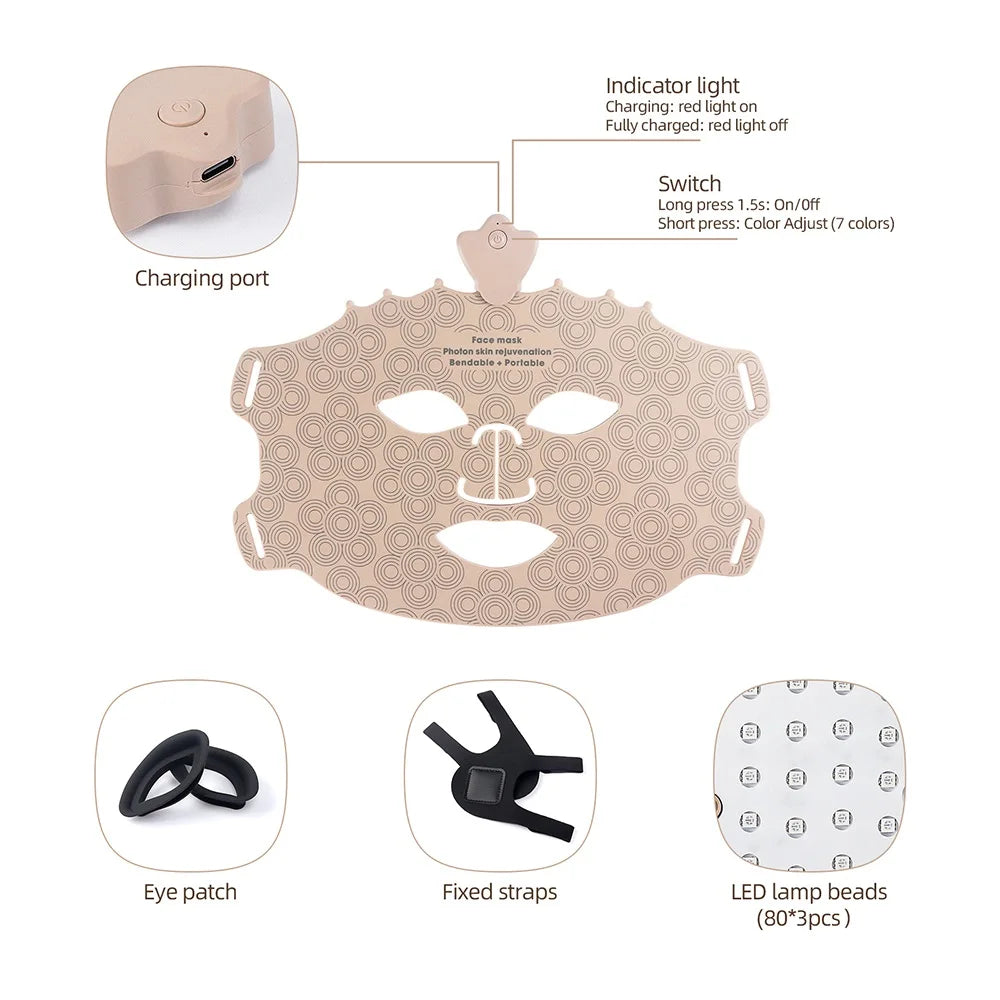 7 Colors Silicone LED Mask Face Photon Skin Rejuvenation Flexible Soft Facial Beauty Mask Skin Care Repair Skin Brightening
