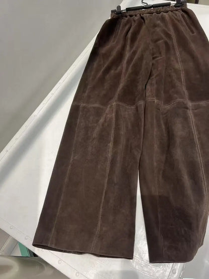 Retro Suede Leather Cropped Pants for Women Femae Genuine Leather Wide Leg Floor Long Trousers Straight Cylinder Spodnie Damskie