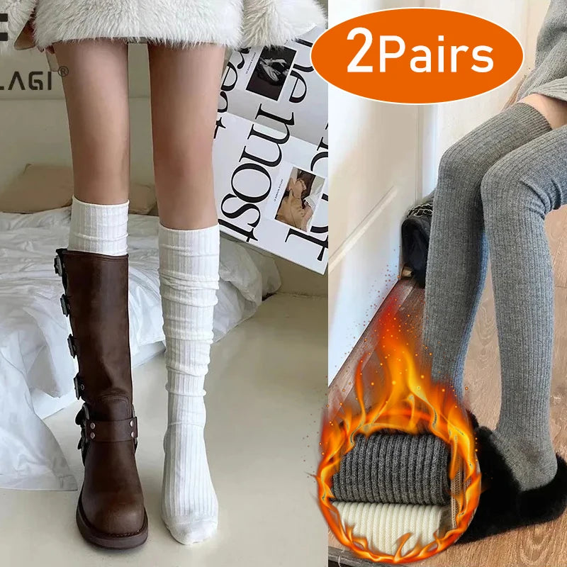 Cashmere Knitted Knee High Socks Women's Solid Soft Long Wool Socks Casual Fluffy Warm Stocking Skinny Thicken Thigh High Socks