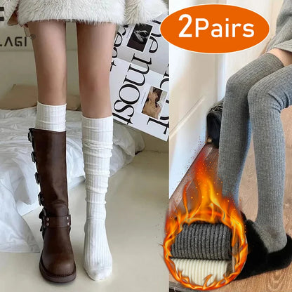 Cashmere Knitted Knee High Socks Women's Solid Soft Long Wool Socks Casual Fluffy Warm Stocking Skinny Thicken Thigh High Socks