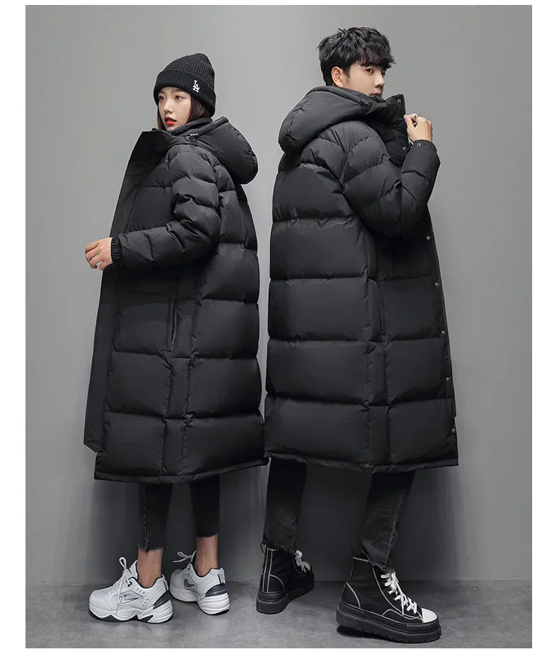 FGKKS 2025 Couple Winter Down Jacket Fashion Classic Slim Korean Style White Duck Down Men's Long Coat Women Hooded Outwear