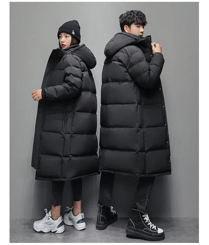 FGKKS 2025 Couple Winter Down Jacket Fashion Classic Slim Korean Style White Duck Down Men's Long Coat Women Hooded Outwear