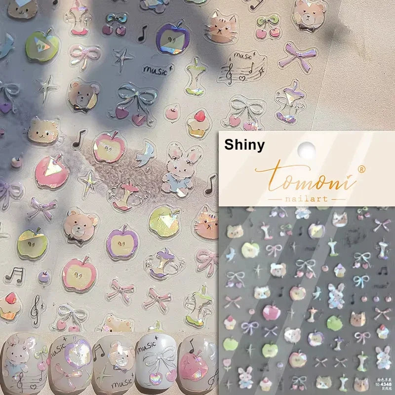 5D Cute Rabbit Love Heart Peach Blossom Flower Yellow Nail Art Stickers Bowknot DIY Self Adhesive Rhinestone Manicure Decals