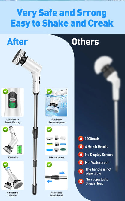 Electric Spin Scrubber 9 in 1 Cordless Cleaning Brush Telescopic Handle LED Display Wireless Bathroom Kitchen Floor Tile Cleaner