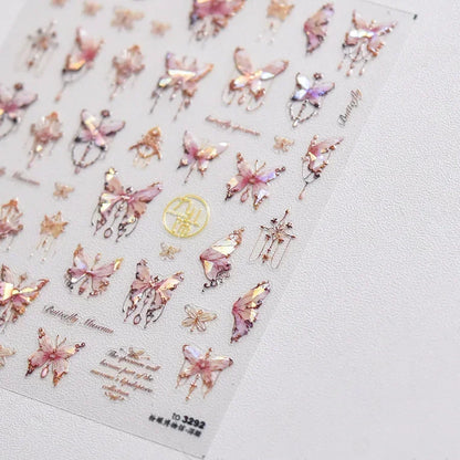Shiny Jelly Butterfly Charming Golden Gradient Bowknot 5D Self Adhesive Nail Art Sticker Flower Petal Rhinestone Manicure Decals