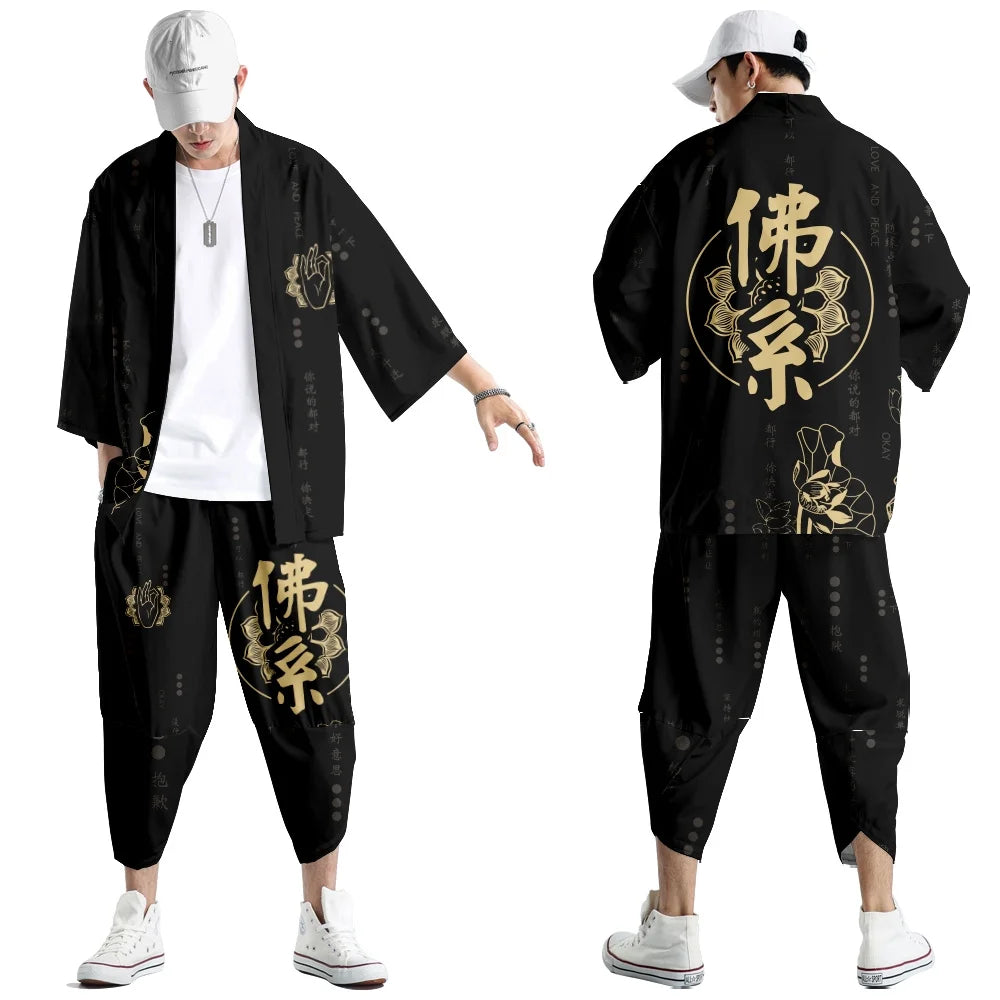 Large Size 5XL 6XL Japanese Kimono Cardigan Pants Set Print Fox Men Women Shirt Tradition Yukata Haori Obi Cosplay Costume