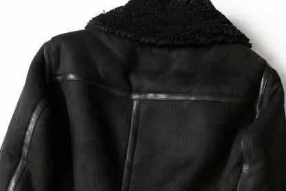 Winter Faux Shearling Sheepskin Fake Leather Jackets Lady Thick Warm Suede Lambs Motorcycle Brown Coats Mujer Chaqueta A407