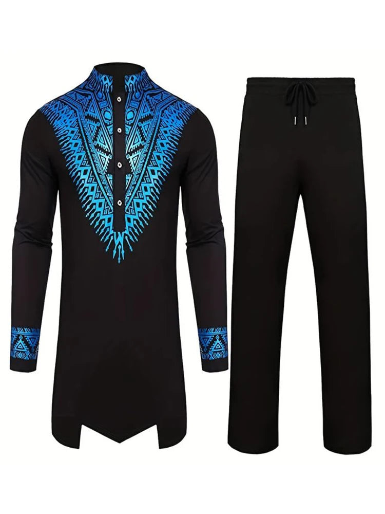 Muslim Robe Pattern Printing Black White Yellow Navy Blue Long-Sleeved Trousers The Traditional Dress of Arab Men 3D