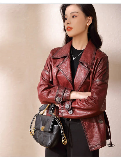Roupas Femininas Autumn Women Suit Collar Lace-up Waist Oil Wax Sheepskin Gabardina Mujer Vintage Red Short Leather Trench Coat