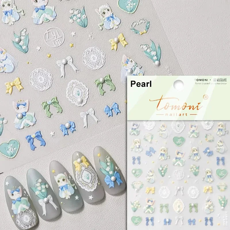 5D Cute Rabbit Love Heart Peach Blossom Flower Yellow Nail Art Stickers Bowknot DIY Self Adhesive Rhinestone Manicure Decals