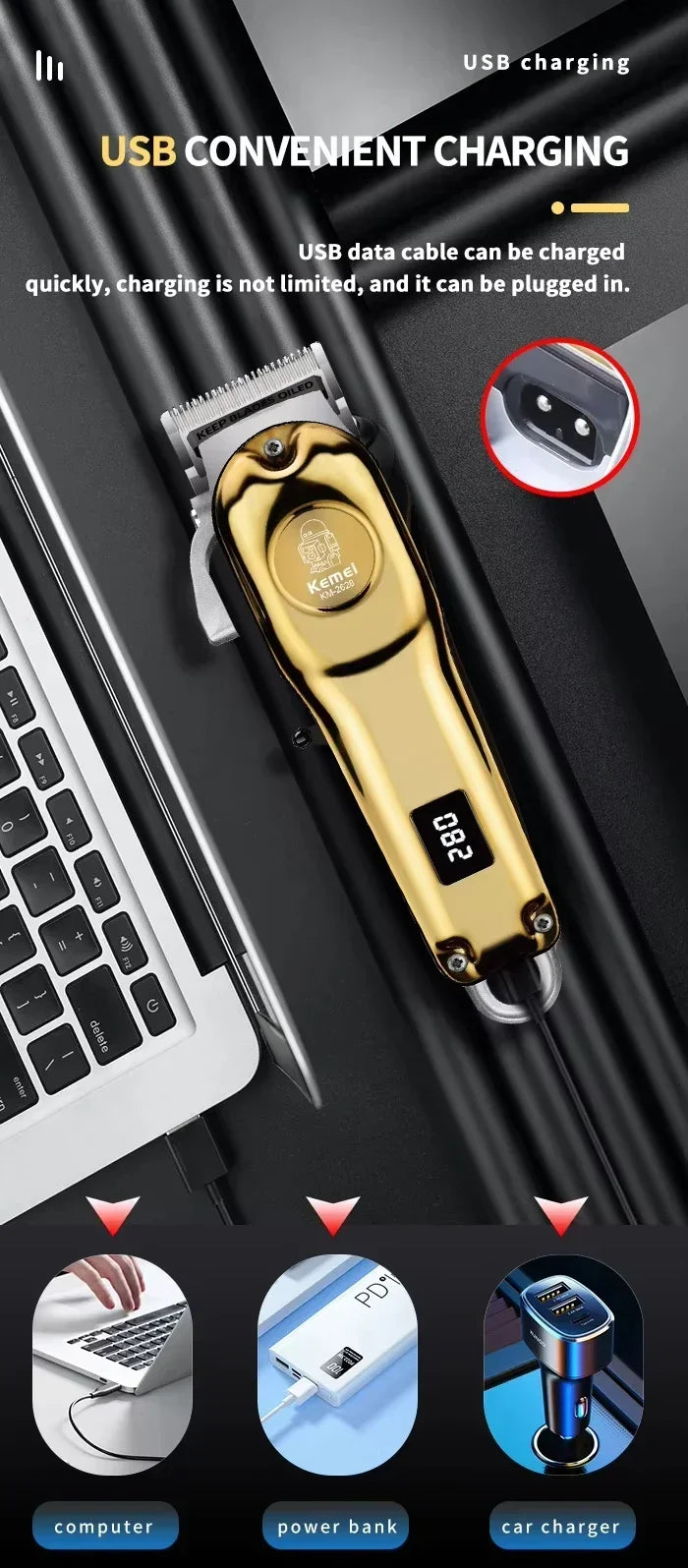 Kemei KM-2628 KM-678 KM-2024 USB Rechargeable Hair Clipper Professional Cordless Men Hair Trimmer Men's Hair Cutting Machine