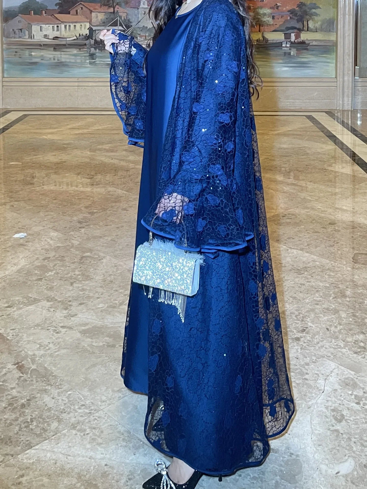 Muslim Women Abaya Dress 2 Piece Set Flare Sleeve Lace Sequin Satin Morocco Caftan Dress Musulman Ensembles Cadigan Outfit Suits