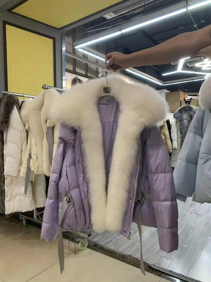 2024 Winter Women Warm Coat Oversized Real Fox Fur Collar Thick Luxury Outerwear New Fashion 90% Goose Down Jacket