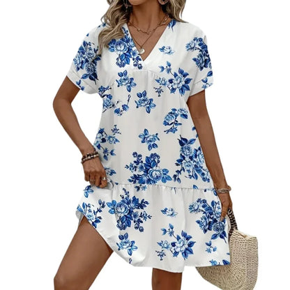 Plus Size 1XL-5XL Women Fashion Summer V-neck Floral Print Short Sleeves Dress Ladies Elegant Print Loose Summer Dress