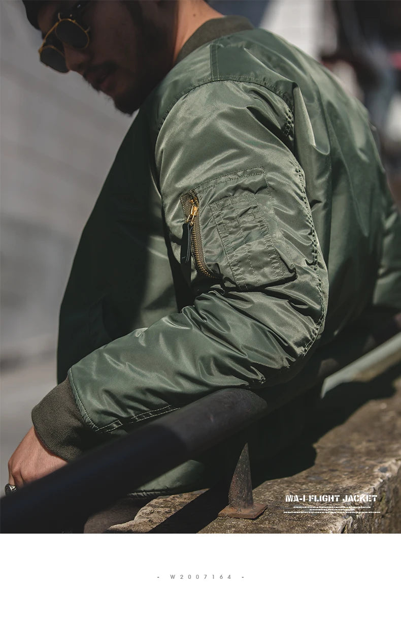 Maden Vintage MA1 Pilot Jacket Green Thickened Cotton-padded Jacket Casual Baseball Pockets Flight Zipper Outwear for Men's Fall