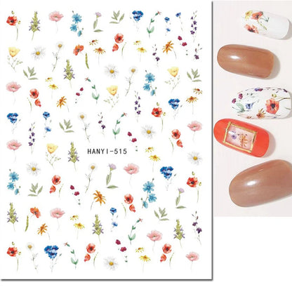 3d Nail Art Decals Watercolor Florals Purple Green Pink Flowers Leafs Fruit Adhesive Sliders Nail Stickers For Manicure