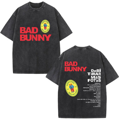 Rapper Bad Bunny Album Cover Print T-shirt Debi Tirar Mas Fotos DTMF Washed Vintage T Shirt Men Women Hip Hop Oversized T-shirts
