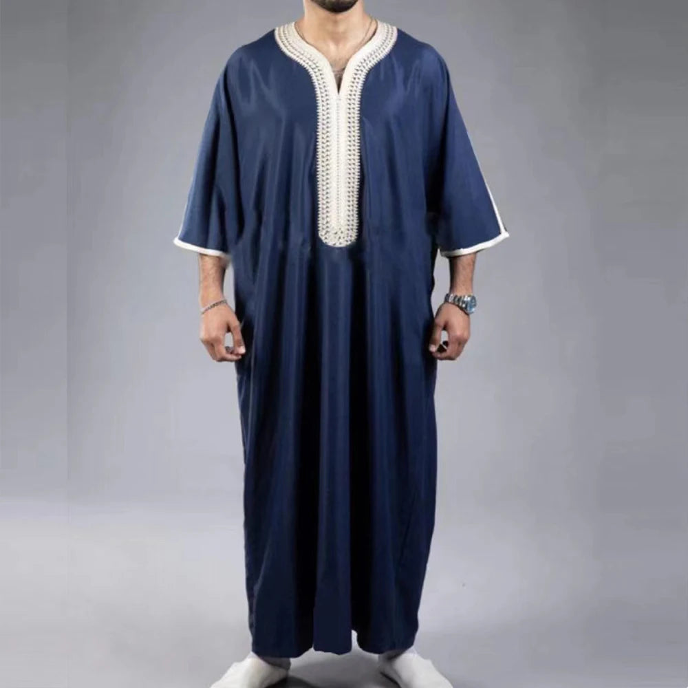Summer 2025 Kaftan Muslim Men's Short Sleeve Embroidered Loose Casual Robe Breathable Islamic Abaya for Men