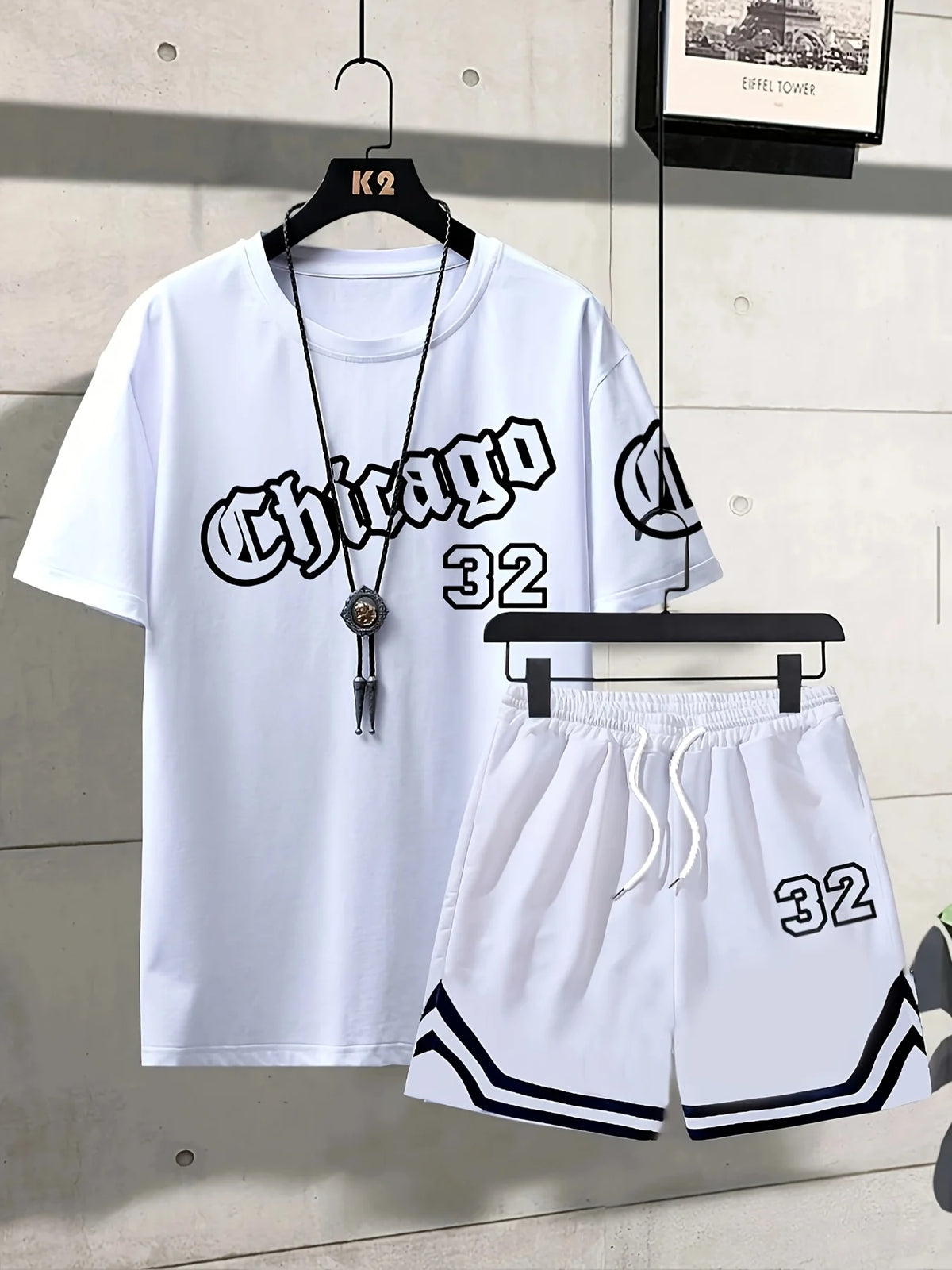 Summer Men's Chicago-Themed Relaxed Set Size 32 Printed T-Shirt and Shorts Set Adult Sports Casual Plus Size Two-Piece Set