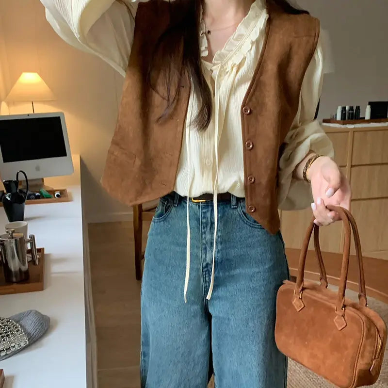 Retro Vests Women V-neck Single Breasted All-match Korean Style Spring Autumn Layering Outerwear Cozy Vintage Loose Comfortable