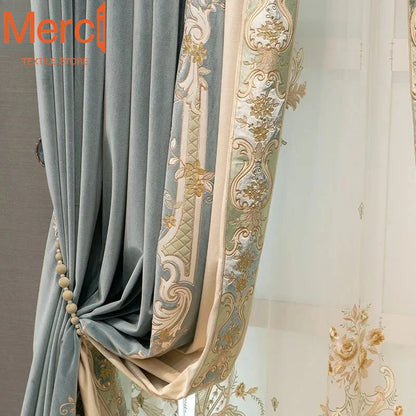 European Embroidered Thickened Blackout Blue Velvet Curtains for Living Room Bedroom Blackout  Lace Luxury Valance Tulle Custom