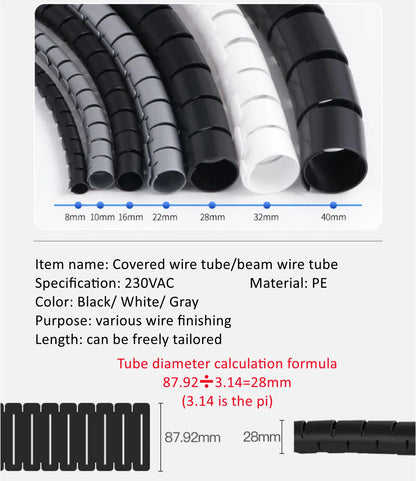 1/3/5/10 Meter 8/12/16/22/28/32/42mm Line Flexible Spiral Cable Organizer Storage Pipe Cord Protector Management Cable PE Tube